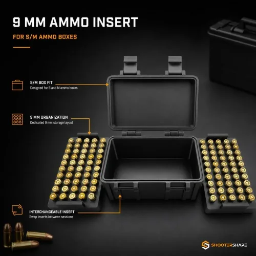 Kaksi 9mm-patruunoille tarkoitettua sisäosaa avoimen S/M-patruunarasian vieressä.