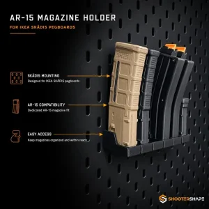 AR-15-lippaita IKEA Skådis -reikälevyyn kiinnitetyssä telineessä.