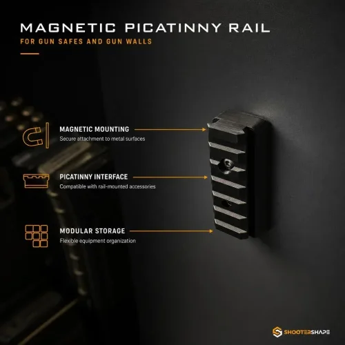 Rail Picatinny fixé verticalement sur une paroi métallique à l'aide d'aimants.