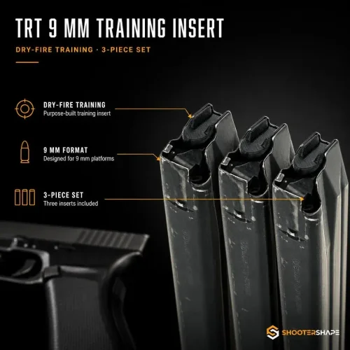 Drei TRT-9-mm-Trainingseinsätze in Pistolenmagazinen.