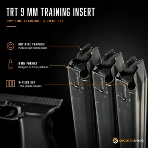 Kolme TRT 9mm -harjoittelusisäosaa asennettuina pistoolinlippaisiin.