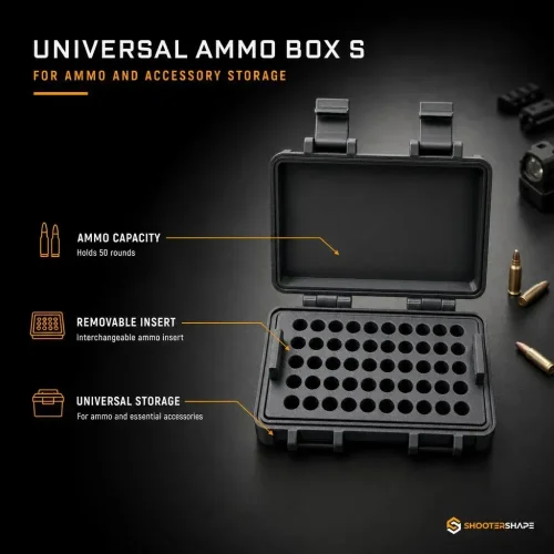 Open S ammo box with a removable insert for 9mm rounds.