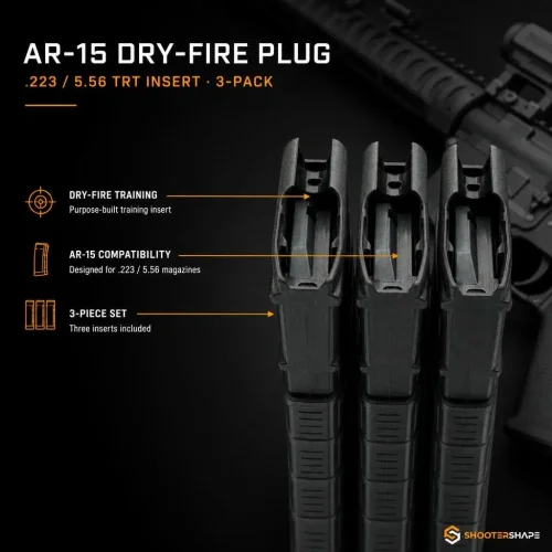 Trois inserts Dryfire Plug pour l'entraînement à sec placés dans des chargeurs AR-15.