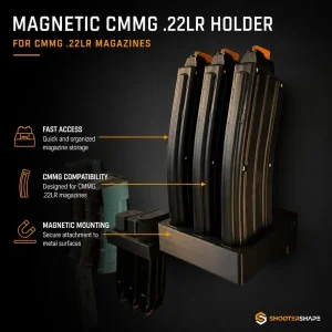 CMMG .22LR -lippaita magneettisessa telineessä asekaapin sisällä.