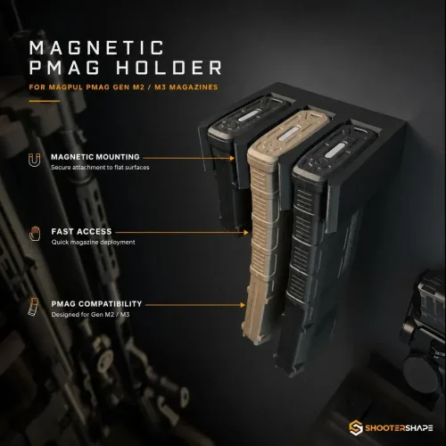 Chargeurs Magpul PMAG dans un support magnétique sur la paroi d'une armoire à armes.