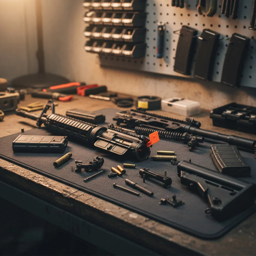 Éléments de fusil, chargeurs et drapeau de sécurité orange sur un tapis d’atelier.