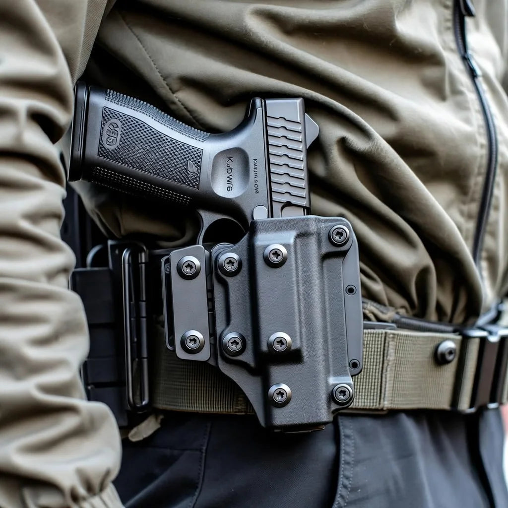 Gros plan d’un pistolet dans un étui rigide fixé à une ceinture.