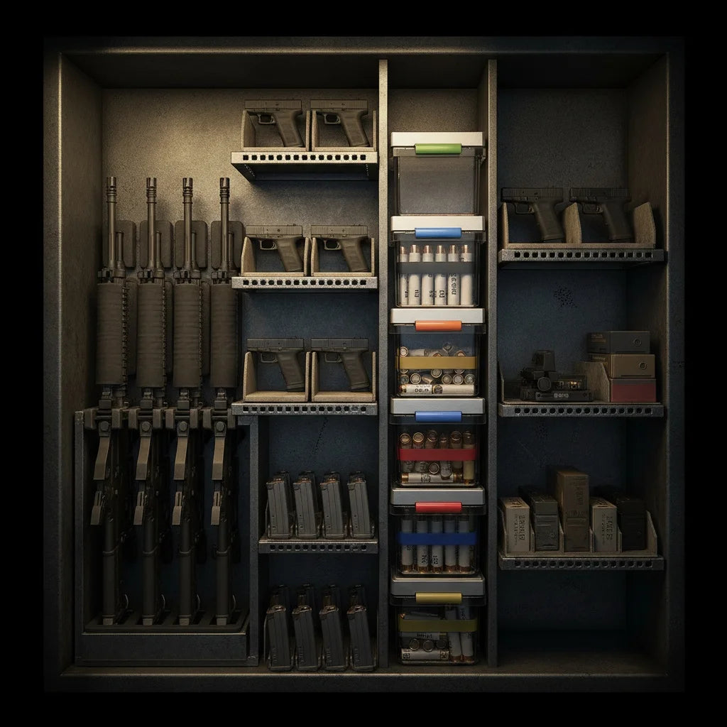 Intérieur organisé d’une armoire à armes avec fusils, pistolets, chargeurs et boîtes de munitions.