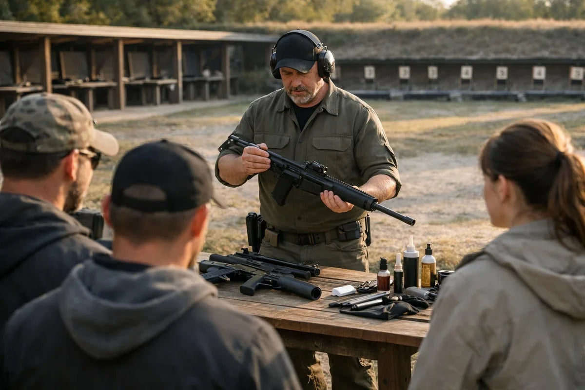 An instructor presents a rifle to a group beside a table with firearm cleaning accessories.