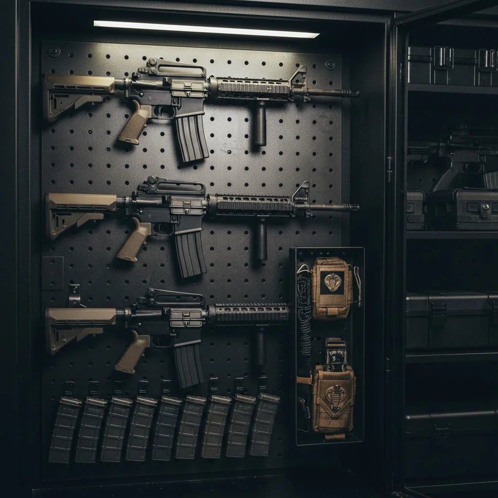 Fusils fixés horizontalement sur un panneau perforé, avec chargeurs et accessoires dans une armoire à armes.