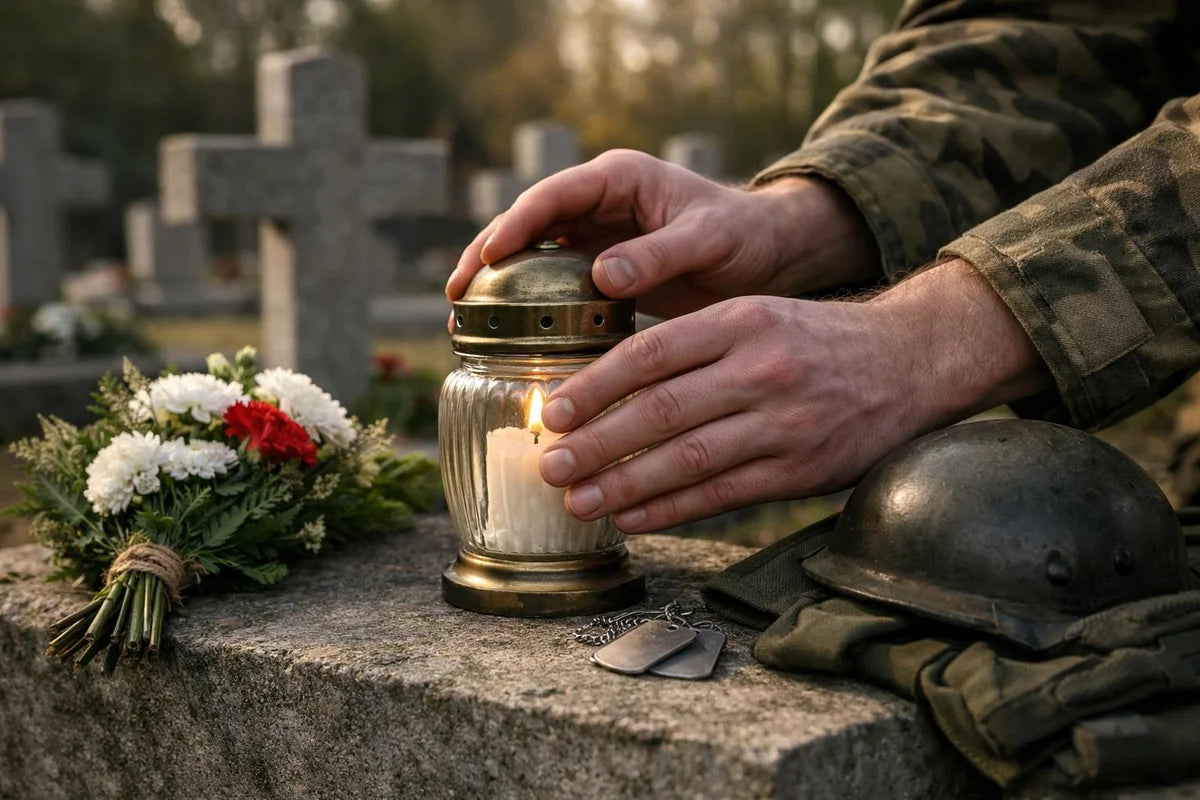 Osoba w mundurze ustawia znicz na grobie obok hełmu i biało-czerwonych kwiatów.
