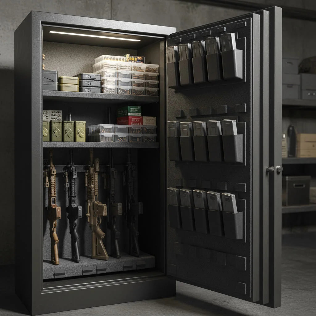 An open gun cabinet with magazine holders on the door and storage boxes on the shelves.