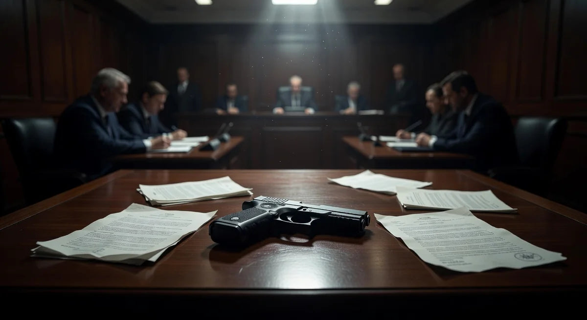 A pistol and documents on a table with a courtroom in the background, illustrating firearms law.